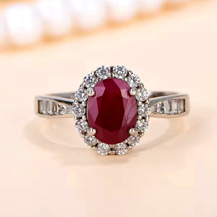 Natural Ruby Oval Ring — Rhodium Plated 925 Silver